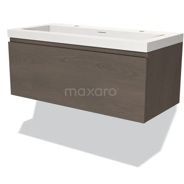 Wooden bathroom unit with wall-mounted design, dark brown oak veneer and white ceramic basin, modern and stylish.
