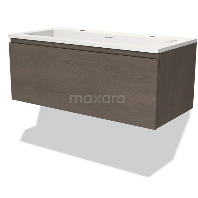 Modulo Waschtische | 100 cm Dunkelbraune Eiche Grifflos front Solid Surface 1 Schublade BMW11-03507 Wandhängendes Badezimmermöbel, Holzlook braun, minimalistisches Design mit integrierter weißer Waschbecken; moderne Badezimmerlösung.
