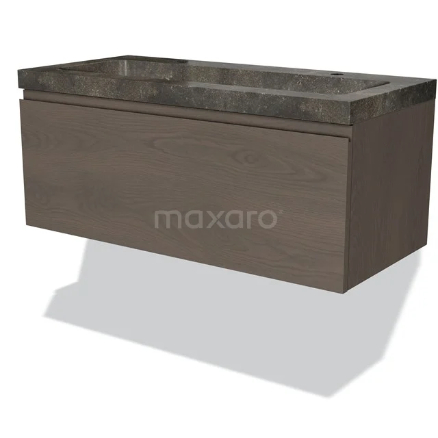 Holz schwebendes Badezimmermöbel mit breiter Schublade in dunkler Eiche, mit grauem Waschbecken aus Naturstein, modernes und stilvolles Design.