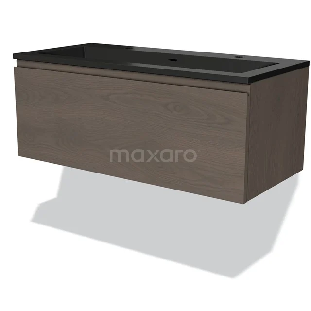 Wooden bathroom unit with dark worktop, floating design, single sink section; stylish and functional for modern bathrooms.