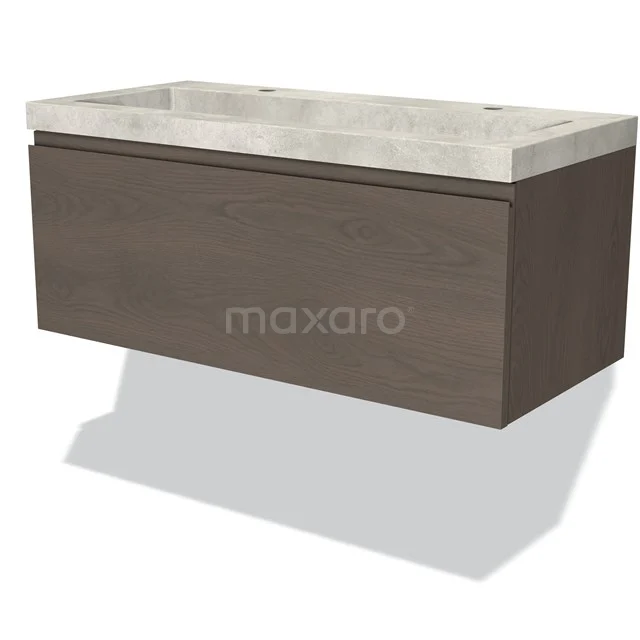 Badmöbel 100cm Modulo dunkelbraune Eiche 1 Schublade griffloses Waschbecken Beton Greige BMW11-03512 Wandhängender Badschrank mit Holzoptik und integriertem Waschbecken, modernes Design, ideal für ein stilvolles Badezimmer.