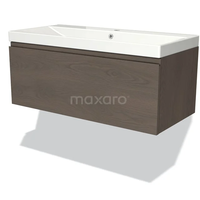 Wall-mounted vanity unit, wood-coloured with white ceramic basin; modern design, ideal for a stylish bathroom.