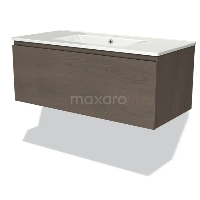 Holz-Waschtisch mit Schublade, dunkelbraune Optik, inkl. weißem Keramik-Waschbecken, ideal für moderne Bäder.