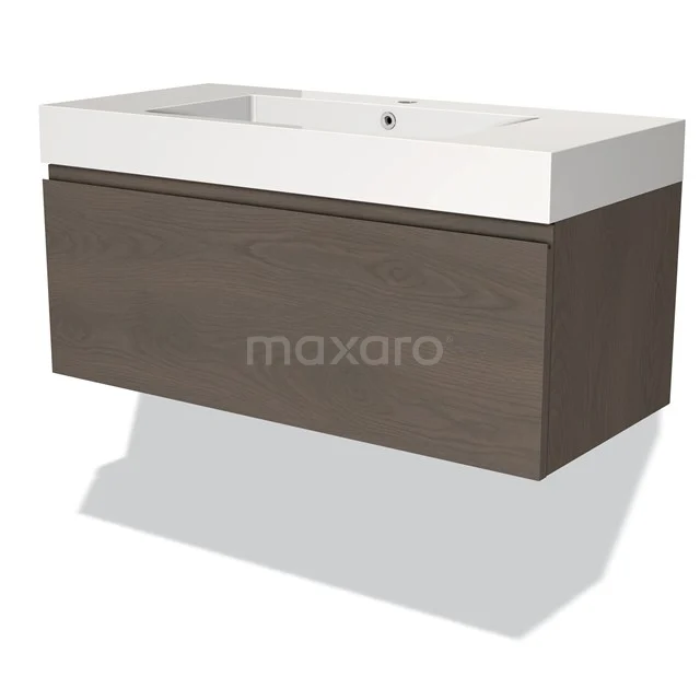Vanity unit with drawers, wood-look brown, white ceramic basin, modern design, perfect for a stylish bathroom.