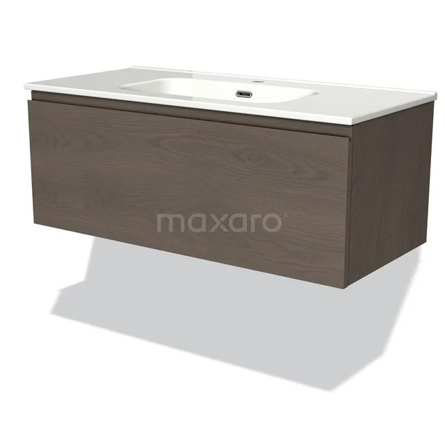 Modernes Wandmöbel in Holzoptik mit weißem keramischen Waschbecken, ideal für eine stilvolle Badezimmergestaltung.