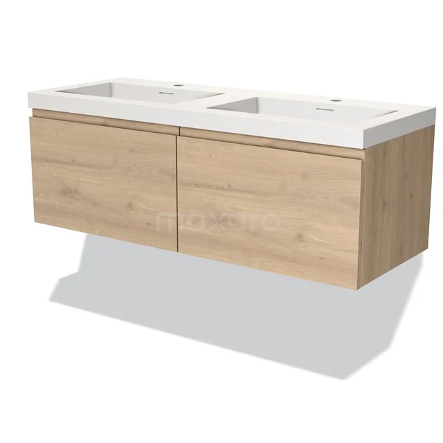 Houten badkamermeubel met dubbele wastafel, lichte eiken look, strakke uitvoering, ideaal voor moderne badkamers.