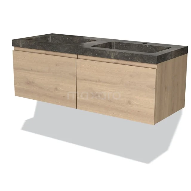 Moderne badkamermeubel met houten front en donkere marmeren wastafel; zwevend design voor een stijlvolle badkamer.