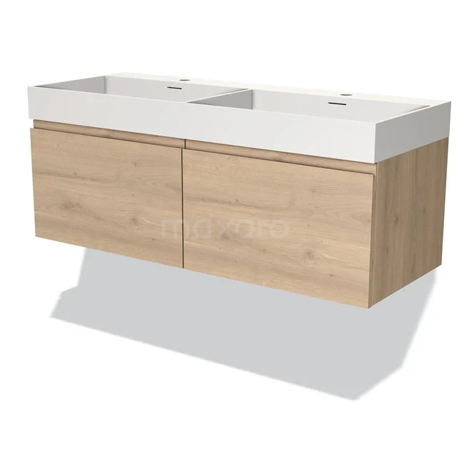 Houten badkamermeubel met dubbele wastafel, eikenlook met witte waskom, modern design geschikt voor luxe badkamerinrichting.