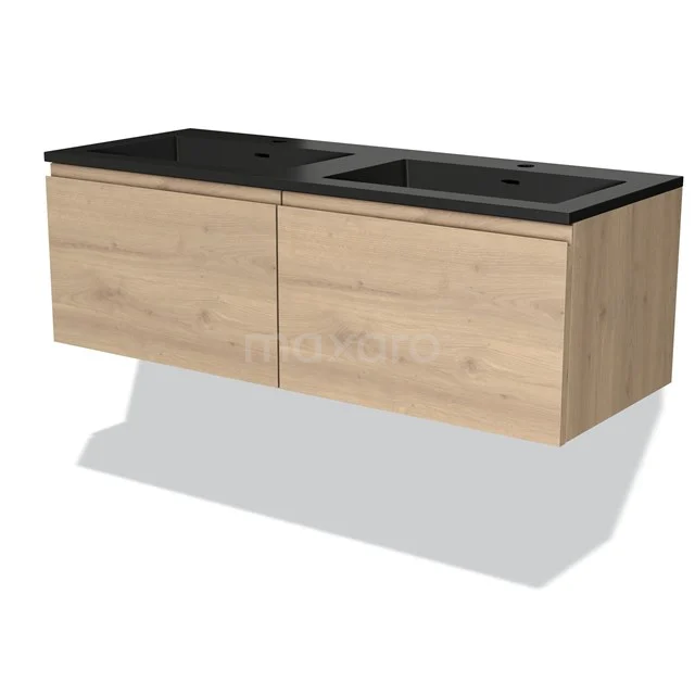 Houten badkamermeubel met dubbel antraciet wastafelblad, minimalistisch ontwerp en zwevend model; ideaal voor moderne badkamers.