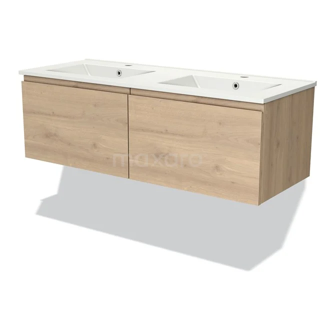Houten hangend badkamermeubel met dubbele wastafel, eikenlook, modern design, ideaal voor een stijlvolle badkamer.