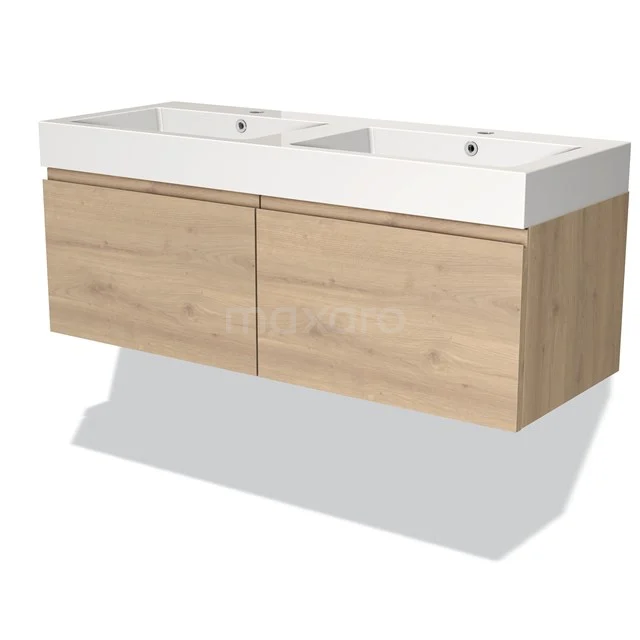 Houten badkamermeubel met dubbele witte wastafel, modern design, hangend model, geschikt voor stijlvolle badkamerinrichting.