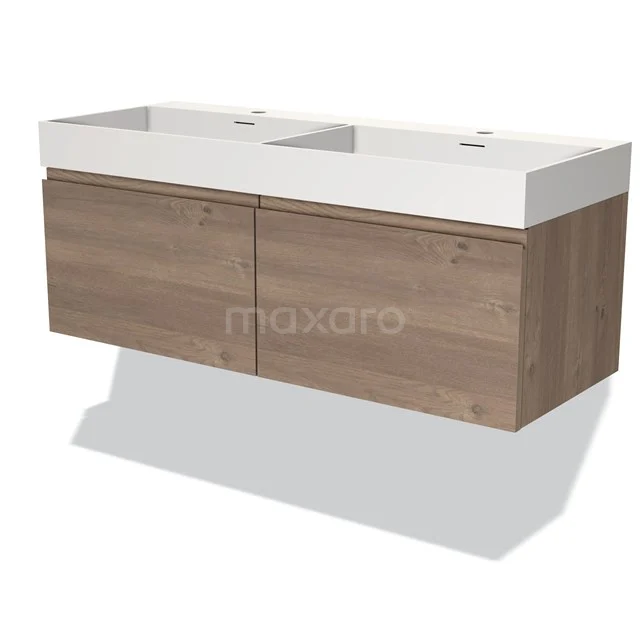 Houten badkamermeubel met dubbele witte wastafel, modern design, zwevend met twee ruime lades voor opbergruimte.
