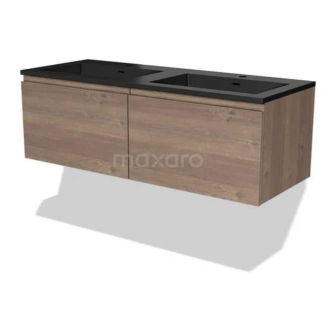 Houten badkamermeubel met twee zwarte wastafelbladen, strak ontwerp en moderne uitstraling, perfect voor een stijlvolle badkamer.