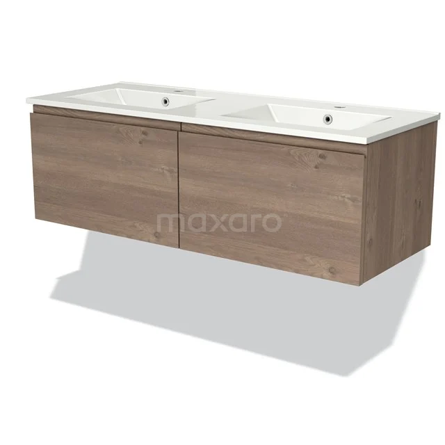 Houten badkamermeubel met dubbele wastafel, modern design en strak afgewerkt, ideaal voor een stijlvolle badkamer.