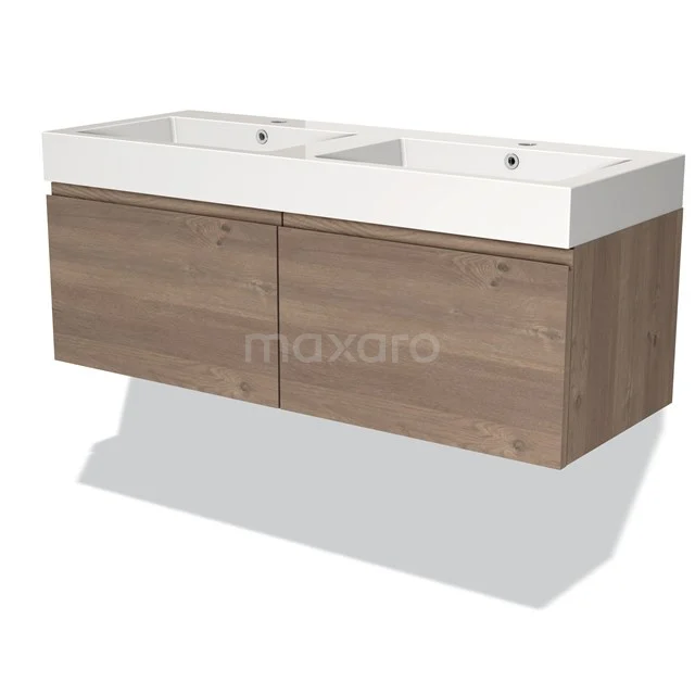 Houten hangend badkamermeubel met dubbele wastafel, modern ontwerp in lichte eiken afwerking.