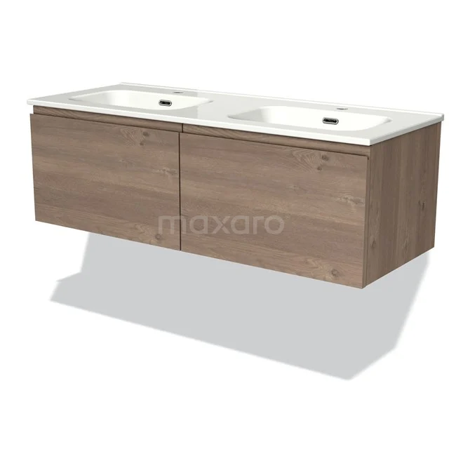 Houten badkamermeubel met dubbele wastafel, zwevend ontwerp en soft-close lades, ideaal voor stijlvolle en moderne badkamers.