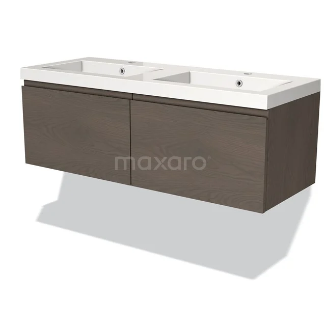 Two wood-look vanity units with double basins in white ceramic and spacious drawers, perfect for a modern bathroom.