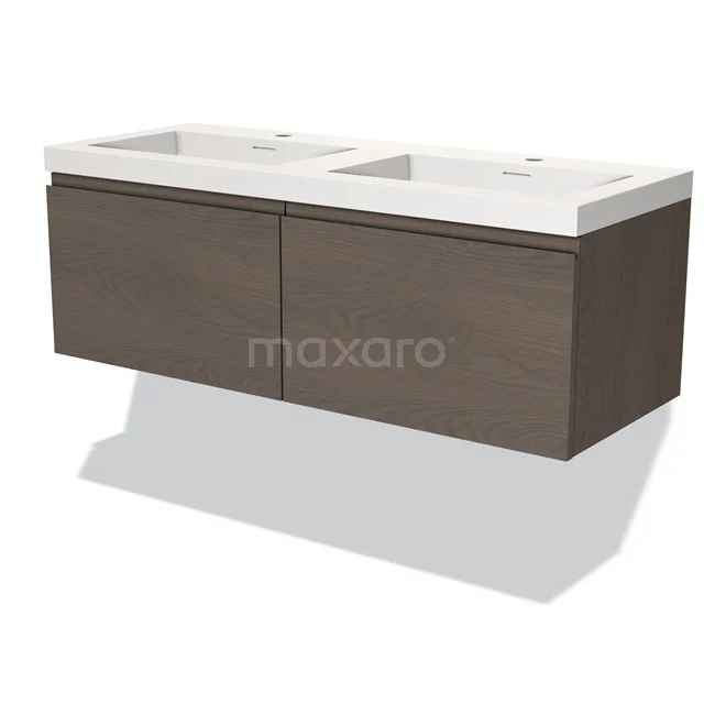 Badmöbel 120cm Modulo dunkelbraune Eiche 2 Schubladen Griffloses Waschbecken Solid Surface BMW12-00799 Holz Doppel-Waschbeckenmöbel in Walnussfarbe mit weißem keramischem Doppelwaschbecken, perfekt für ein modernes Badezimmer.