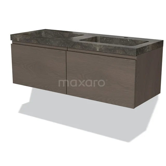 Dark wood vanity unit with marble worktop, double drawers and a modern look for a stylish bathroom.