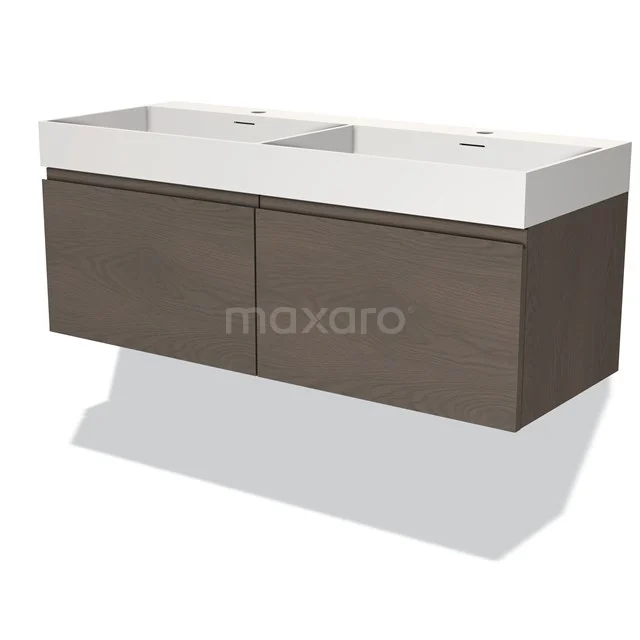 Brown floating bathroom unit with double white basin, clean lines and modern design, ideal for a stylish bathroom.