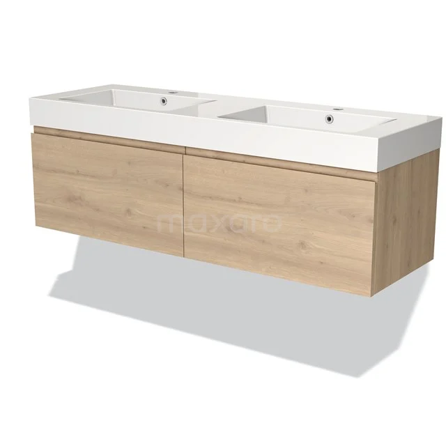 Houten badkamermeubel met twee witte wastafels, modern design en strakke afwerking, ideaal voor een stijlvolle badkamer.