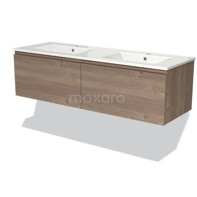 Houten dubbele wastafelmeubel met witte keramische wasbak, modern design, ideaal voor een ruime badkamer.