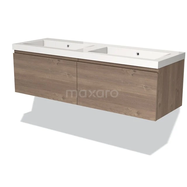 Houten dubbele wastafelonderkast met witte keramische wasbak, ideaal voor een moderne badkamer inrichting.