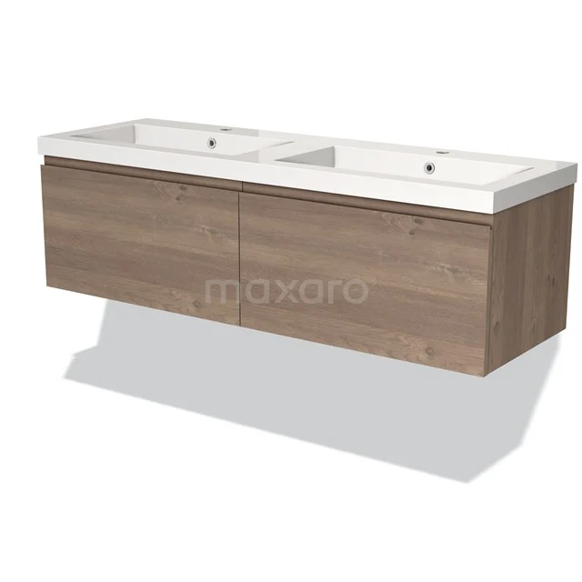 Houten badkamermeubel met twee witte wastafels, modern hangend design, ideaal voor een stijlvolle en ontspannen badkamer.
