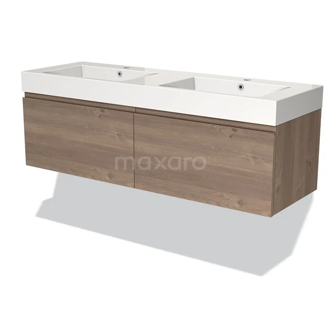Houten badkamermeubel met dubbele wastafel, moderne vormgeving, soft-close lades en wit keramieken bovenblad.