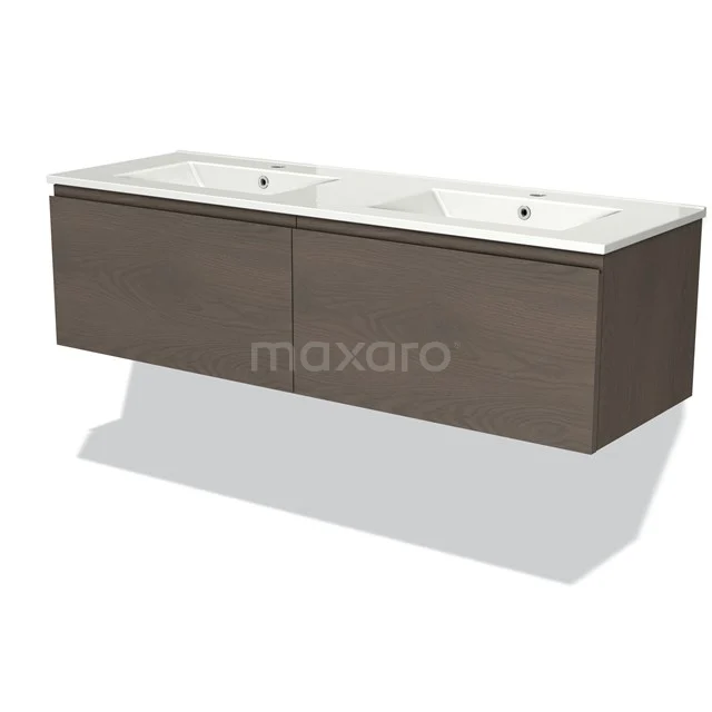 Dubbele wastafel met zwevend houten badkamermeubel in donker eiken, modern design en witte keramische waskom.