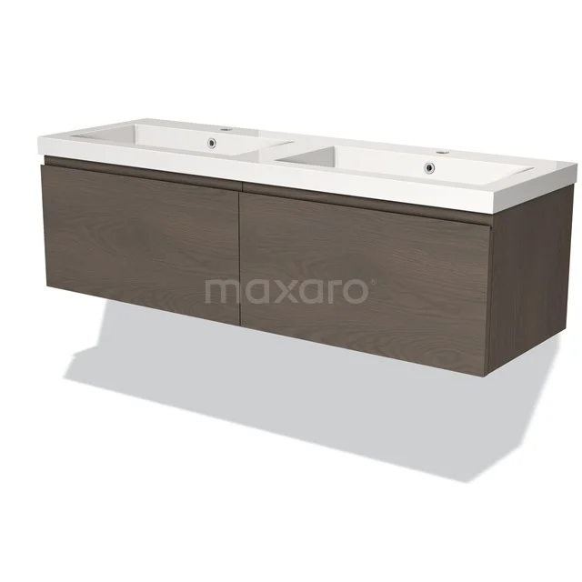 Donkerbruin badkamermeubel met dubbele wastafel, modern design, greeploze lades en hoogwaardige houtafwerking.