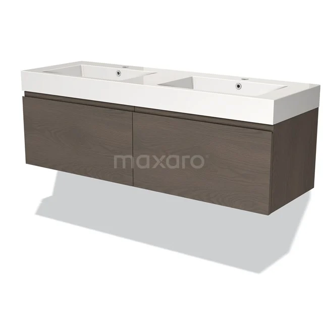 Donkere houten badkamermeubel met dubbel wastafelblad, modern design en ruime opberglades.