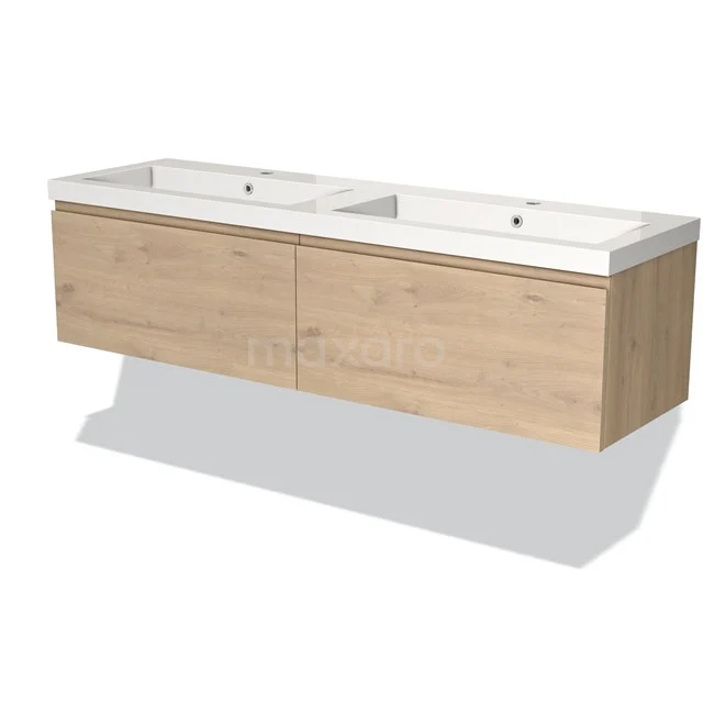 Houten badkamermeubel in lichte eiken afwerking, met dubbele wastafel en softclose lades, ideaal voor een moderne badkamer.