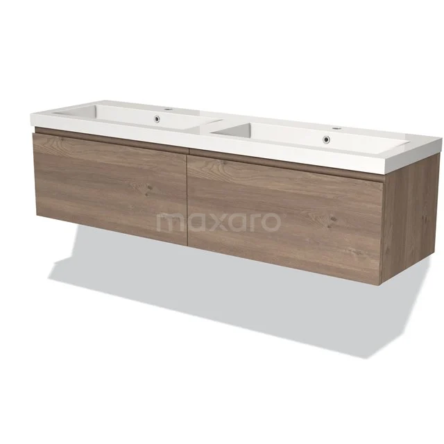Houten badkamermeubel met dubbele wastafel, modern zwevend design, natuurhouten afwerking, ideaal voor stijlvolle badkamers.