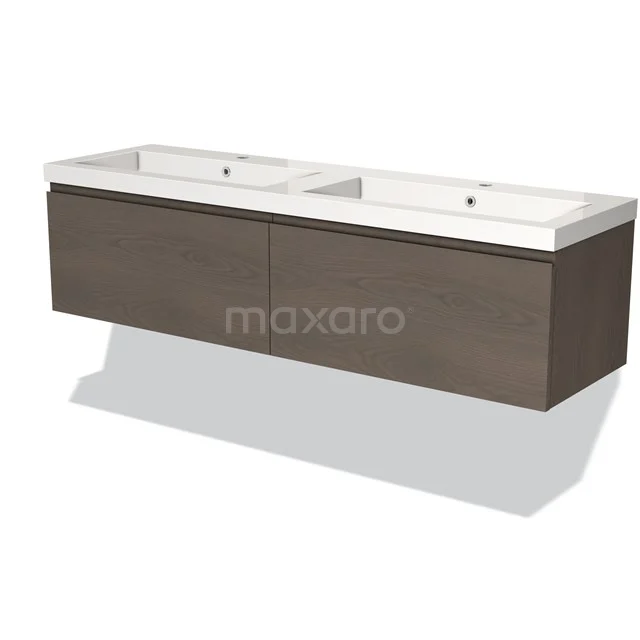 Doppelwaschbecken mit dunklem Holzunterbau, modernes Design, ideal für geräumige Bäder.