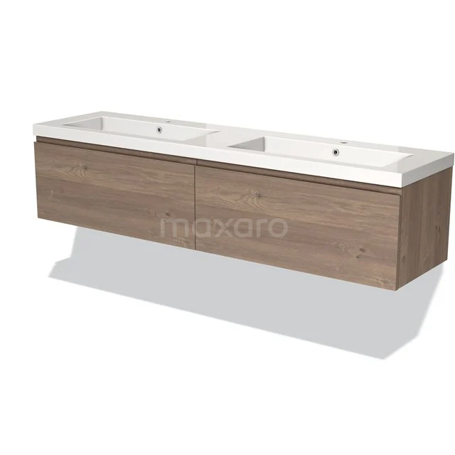 Holz-Badmöbel mit doppeltem weißen Waschbecken, modernes Wandmodell aus der Premium-Serie, ideal für stilvolle Bäder.