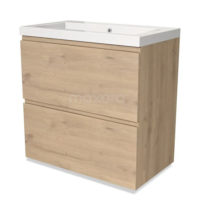 Holz-Waschtisch mit zwei Schubladen und weißem Keramik-Waschbecken, ideal für eine moderne Badezimmergestaltung.