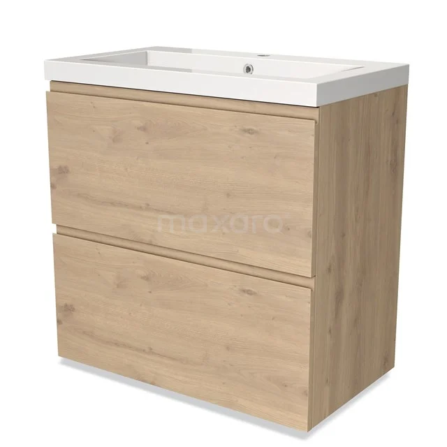 Holz Badezimmermöbel mit weißem Waschbecken, zwei Schubladen und einem modernen Design, perfekt für eine stilvolle Badezimmerorganisation.