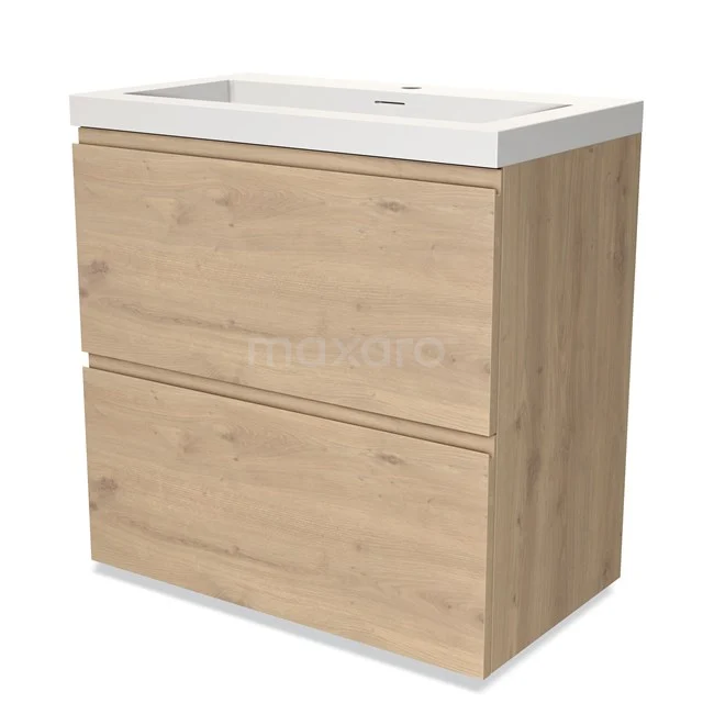 Badmöbel 80cm Modulo Hellbraune Eiche 2 hohe Schubladen Griffloses Waschbecken Solid Surface BMW13-01157 Holz-Badmöbel mit zwei Schubladen und weißer Keramik-Waschtischplatte, ideal für moderne und praktische Bäder.
