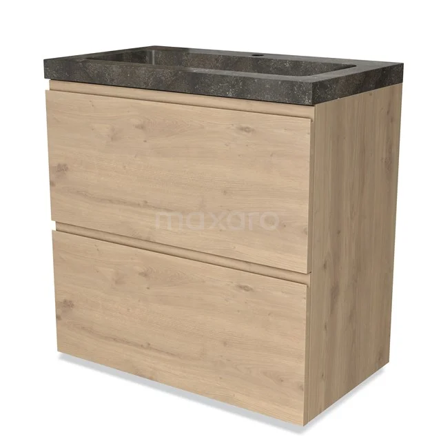 Wooden bathroom unit with two drawers and dark stone basin, modern design, ideal for stylish bathroom storage.