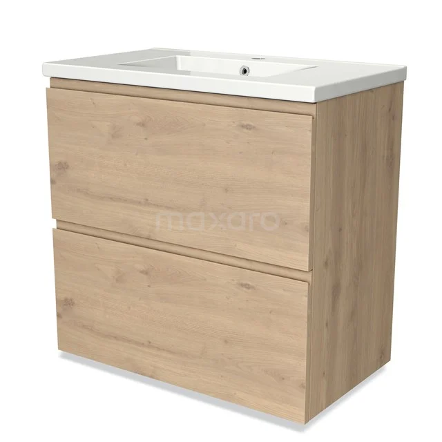 Wooden bathroom unit with two drawers and white vanity units with basin, modern design in oak-look material, ideal for any bathroom.