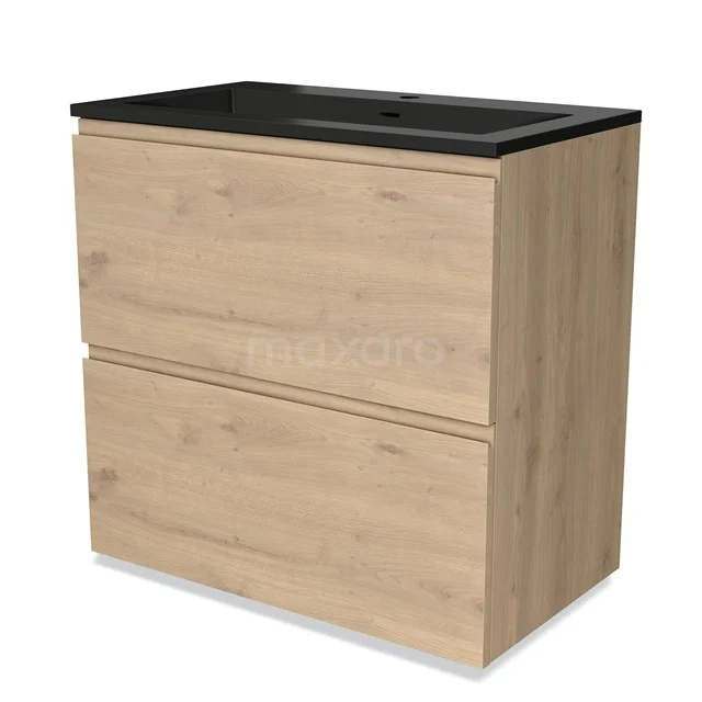 Wooden bathroom unit with two drawers and black basin, modern design, ideal for stylish bathroom design.