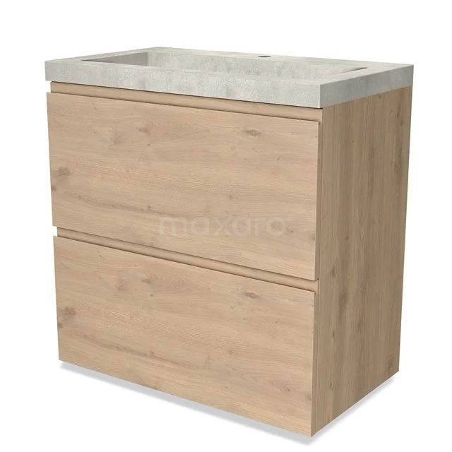 Badmöbel 80cm Modulo Hellbraune Eiche 2 hohe Schubladen Griffloses Waschbecken Beton BMW13-01163 Holz Badezimmermöbel mit zwei Schubladen und einer hellgrauen Steine Waschbeckenplatte, ideal für ein modernes Badezimmer.