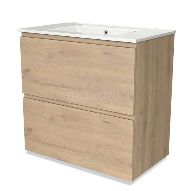 Wooden bathroom unit with two drawers, light oak colour, sleek design, fitted with white basin.