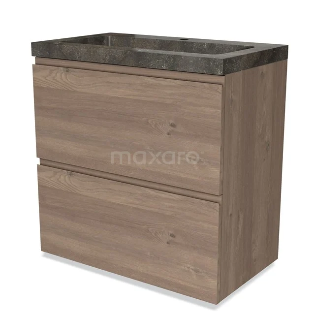 Houten badkamermeubel met twee lades, donkergrijze wastafel en modern design, perfect voor een stijlvolle badkamer inrichting.