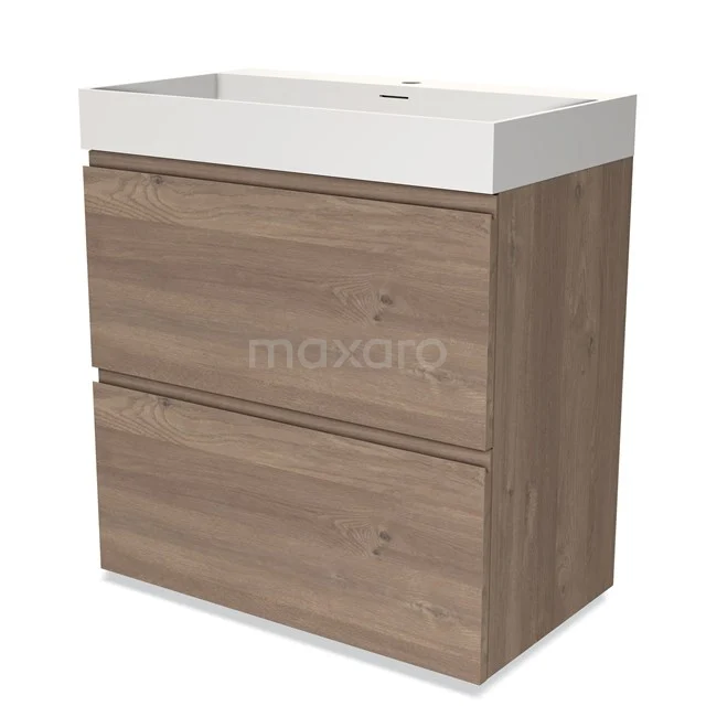 Houten badkamermeubel met wastafel, twee lades en natuureiken afwerking; compact design, ideaal voor moderne badkamers.