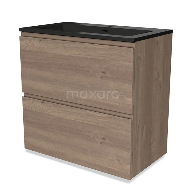 Houten badkamermeubel met twee lades, eiken look, zwart wastafelblad, modern design. 
