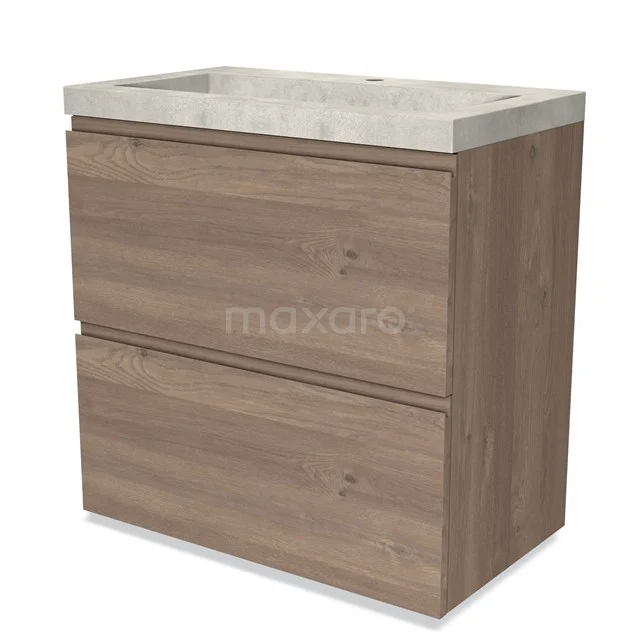 Houten badkamermeubel met twee lades, natuurstenen wastafel en modern design, ideaal voor stijlvolle badkamerinrichting.