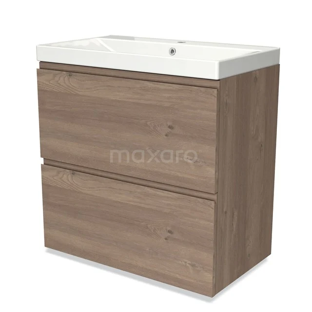 Houten badkamermeubel met twee lades en wit keramisch wastafelblad, ideaal voor moderne badkameropslag.