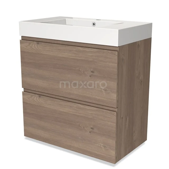 Badmöbel aus Eiche mit Waschbecken, 2 Softclose-Schubladen, moderner Badschrank in natürlicher Holzoptik, weißer Keramik.